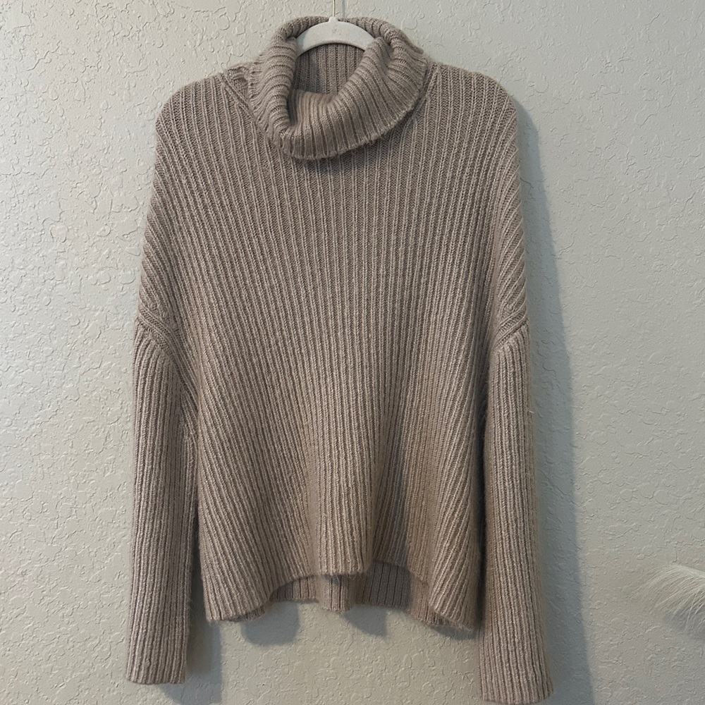 Olivaceous Ribbed Cowl Neck Sweater in Taupe v